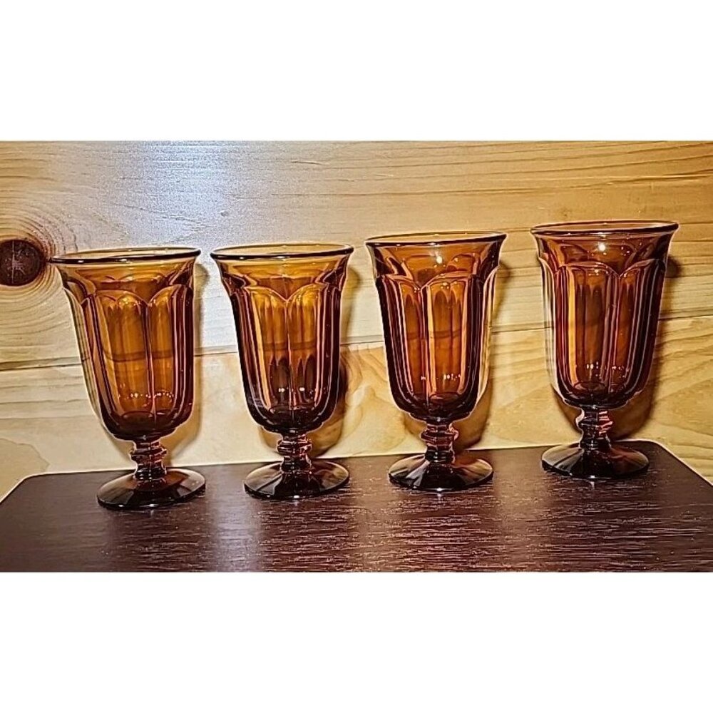 4 VINTAGE IMPERIAL GLASS AMBER ICE TEA GOBLETS/GLASSES WILLIAMSBURG PATTERN Read - Picture 2 of 6